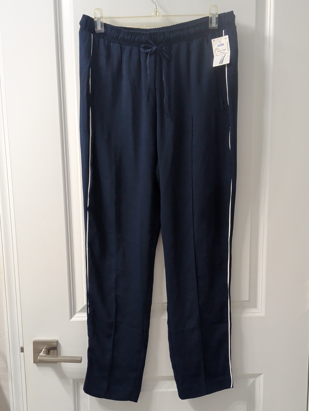 Ladies Lightweight Navy Drawstring Track Pants with Side Stripe